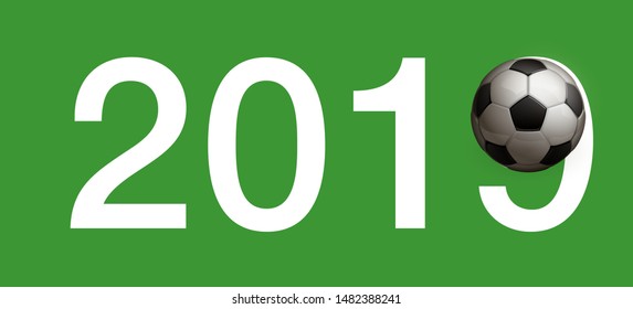 Football 2019 championship Design banner. Illustration banner with 2019 logo Realistic soccer ball Isolated on green background. black and white classic leather football 