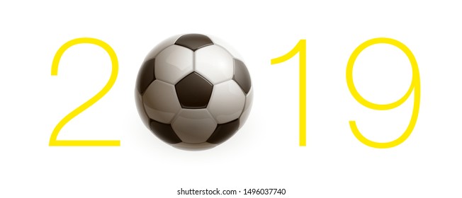 Football 2019 championship Design banner. Illustration banner with 2019 logo Realistic soccer ball Isolated on white background. black and white classic leather football ball