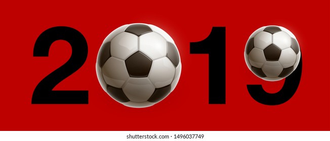 Football 2019 championship Design banner. Illustration banner with 2019 logo Realistic soccer ball Isolated on red background. black and white classic leather football ball