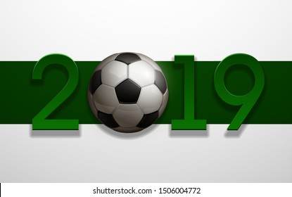 Football 2019 championship Design banner. Illustration banner with 2019 logo Realistic soccer ball Isolated on white background. black and white classic leather football ball