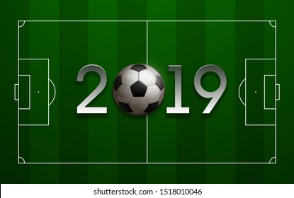 Football 2019 championship Design banner. Illustration banner with 2019 logo Realistic soccer ball Isolated on green background. black and white classic leather football ball