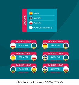 Football 2020 tournament final stage group E vector stock illustration with matches schedule. 2020 European soccer tournament with background. Vector country flags