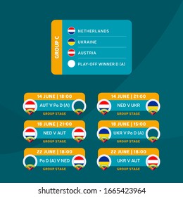 Football 2020 tournament final stage group C vector stock illustration with matches schedule. 2020 European soccer tournament with background. Vector country flags