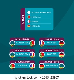 Football 2020 tournament final stage group F vector stock illustration with matches schedule. 2020 European soccer tournament with background. Vector country flags