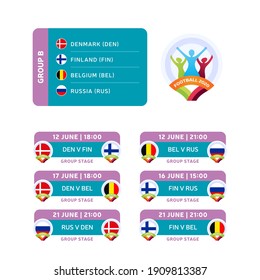 Football 2020 tournament final stage group B vector stock illustration with matches schedule. 2020 soccer tournament with background. Vector country flags