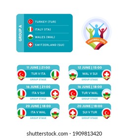 Grupo de la etapa final del torneo de fútbol 2020. Ilustración vectorial de los partidos con horario de partidos. Torneo de fútbol 2020 con antecedentes. Banderas de países vectores