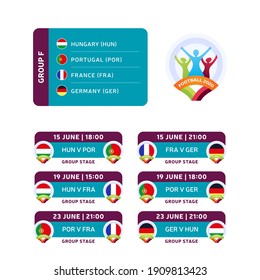 Fußball 2020 Turnier letzte Staffel F Vektorgrafik mit Spielplan. Fußballturnier 2020 mit Hintergrund. Vektorlandflaggen