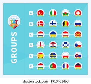 Football 2020 tournament final stage groups vector stock illustration. 2020 soccer tournament with background. Vector country flags