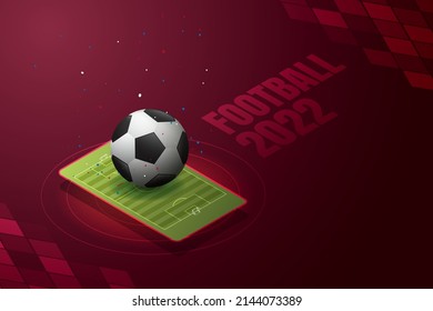 Fútbol 2022 de Qatar y fondo morado. ilustración vectorial isométrica.