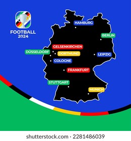 Football 2024 host cities. Vector map of Germany with cities hosting the European Football euro Championship 2024 svg