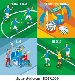 Football 2x2  design concept set of football attack red card fans products isometric compositions vector illustration