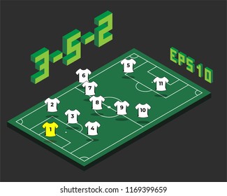Football  3-5-2 formation with isometric field. Soccer popular  strategy concept. Vector championship tactics template.