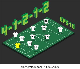 Football  4-1-2-1-2 formation with isometric field. Soccer popular  strategy concept. Vector championship tactics template.