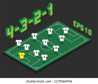 Football 4-3-2-1  formation with isometric field. Soccer popular  strategy concept. Vector championship tactics template.