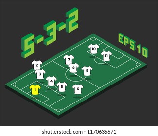 Football  5-3-2 formation with isometric field. Soccer popular  strategy concept. Vector championship tactics template.
