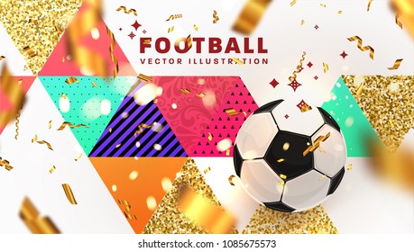 Football abstract design template for soccer covers, sport placards, posters and flyers with ball, trendy geometric elements and patterns. Vector illustration.