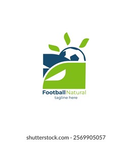 Football academy logo, field soccer logo with leaf icon. Soccer ball leaf logo. Soccer competition logo. Field and ball logogram