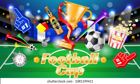 Football Ad Poster, Yellow & Red Card, Popcorn, Cup, Beer Bottle, Vuvuzela, Stopwatch, Whistle, Foam Finger, Fan Trumpet, Promotion Banner, Soccer Concept, Hand Drawn Vector Realistic 3D Illustration