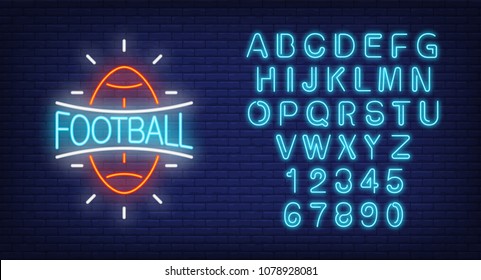 Football and alphabet neon sign set. Rugby ball shape and blue letters and numbers. Night bright advertisements. Vector illustrations in neon style for sport bar or online broadcasting