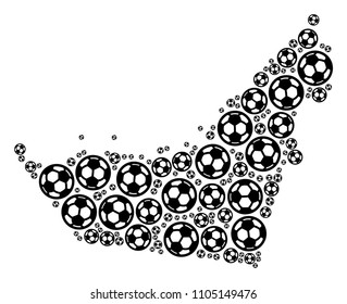 Football Arab Emirates map. Vector geographic plan made from soccer balls in different sizes. Abstract Arab Emirates map mosaic is done from scattered soccer spheres.
