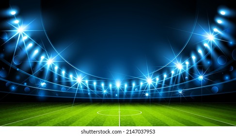 Football arena. Bright lighting with spotlights and a green sports field. Vector illustration