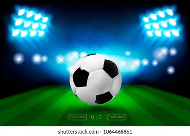 Football arena with bright stadium lights and ball. Football Championship 2018 Soccer Cup. Vector illumination