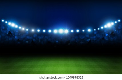 Football arena field with bright stadium lights design. Vector illumination