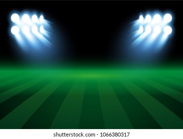 Football arena field with bright stadium lights, vector design illustration