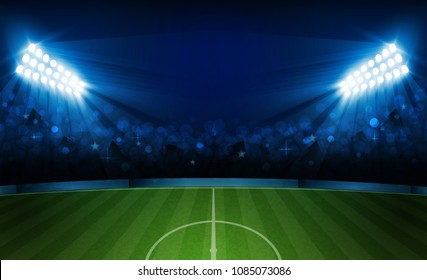 Football arena field with bright stadium lights vector design. Vector illumination