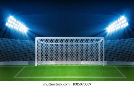 Football arena field with bright stadium lights vector design. Vector illumination