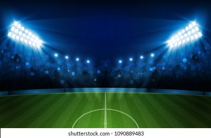 Football arena field with bright stadium lights vector design. Vector illumination