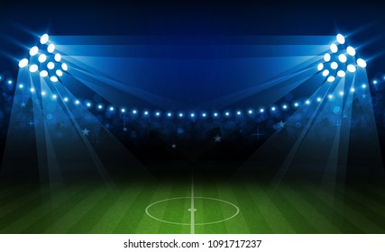 Football arena field with bright stadium lights vector design. Vector illumination