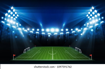 Football arena field with bright stadium lights vector design. Vector illumination