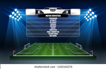 Football arena field with bright stadium lights vector design and information scoreboard. Vector illumination