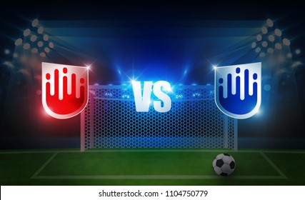 Football arena field with bright stadium lights vector design and information scoreboard. Vector illumination