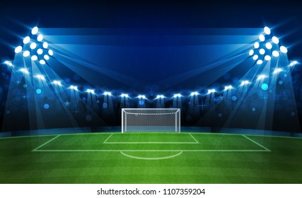 Football arena field with bright stadium lights vector design. Vector illumination