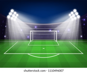 Football arena field with bright stadium lights Vector illustration. Eps 10.
