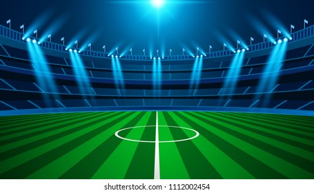 Football arena field with bright stadium glow lights vector design. Vector illumination