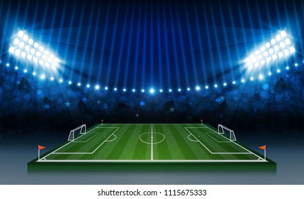 Football arena field with bright stadium lights. soccer match vs strategy. Vector illumination