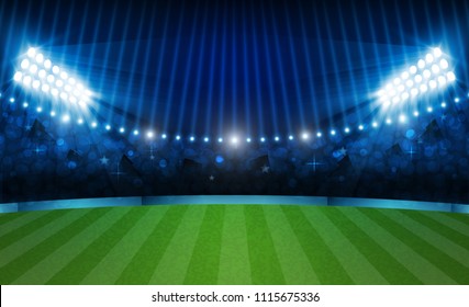 Football arena field with bright stadium lights. soccer match vs strategy. Vector illumination