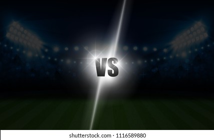 Football arena field with bright stadium lights vs letters for sports and fight competition. Battle and match design. Vector illumination