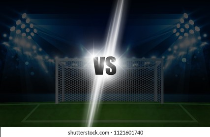 Football arena field with bright stadium lights vs letters for sports and fight competition. Battle and match design. Vector illumination