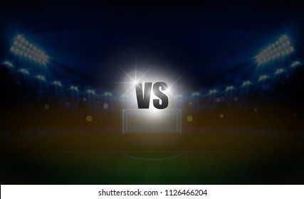 Football arena field with bright stadium lights vs letters for sports and fight competition. Battle and match design. Vector illumination