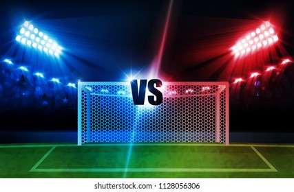 Football arena field with bright stadium lights vs letters for sports and fight competition. Battle and match design. Vector illumination