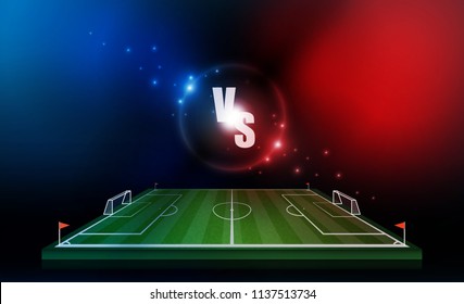 Football arena field with bright stadium lights vs letters for sports and fight competition. Battle and match design. Vector illumination