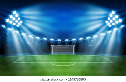 Football arena field with bright stadium lights vector design. Vector illumination