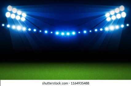 Football arena field with bright stadium lights vector design and information scoreboard. Vector illumination