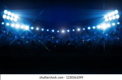 Football arena field with bright stadium lights vector design and information scoreboard. Vector illumination