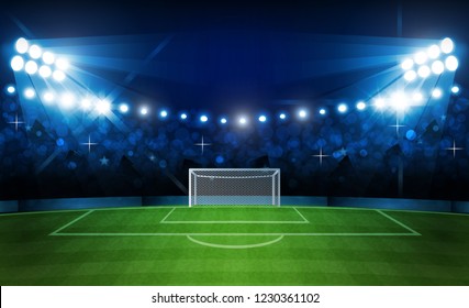 Football arena field with bright stadium lights vector design and information scoreboard. Vector illumination