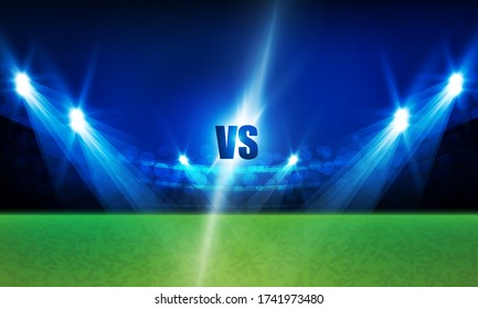 Football arena field with bright stadium lights vs letters for sports and fight competition vector design 